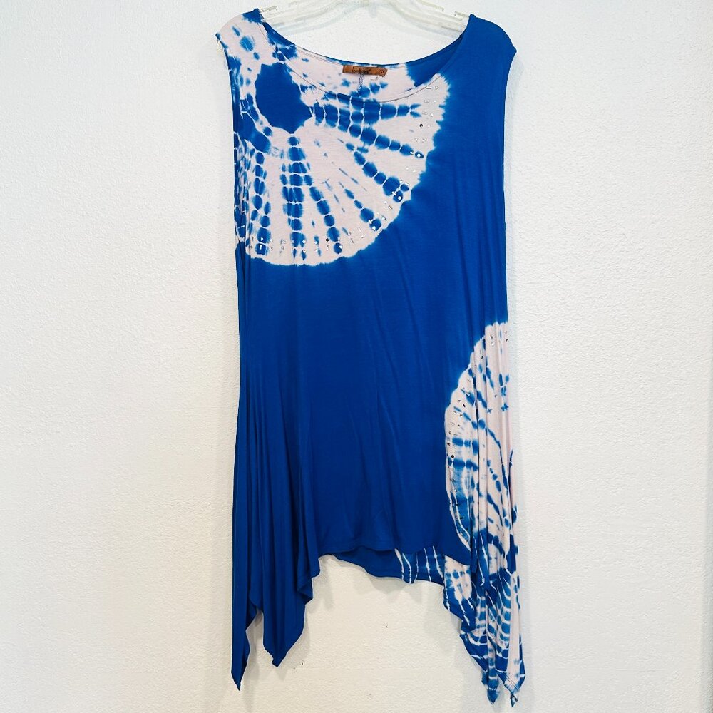 Belldini Sleeveless Dress or Swim Cover Up Blue Embellished Sharkbite Hem SZ 1X